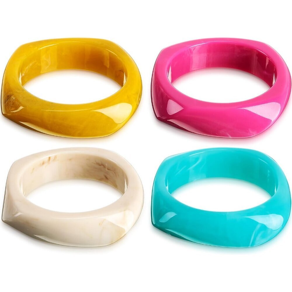 Colorful Square Acrylic Resin Bangle Bracelets Set of 4 in Retro Colors